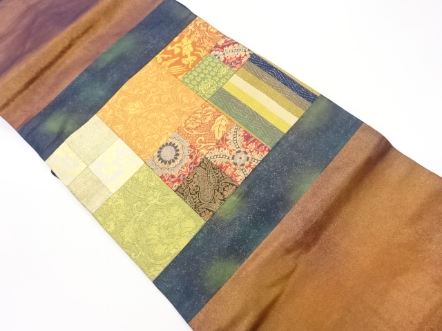 リサイクル　引箔切り嵌めに花唐草・ペイズリー模様織出し名古屋帯